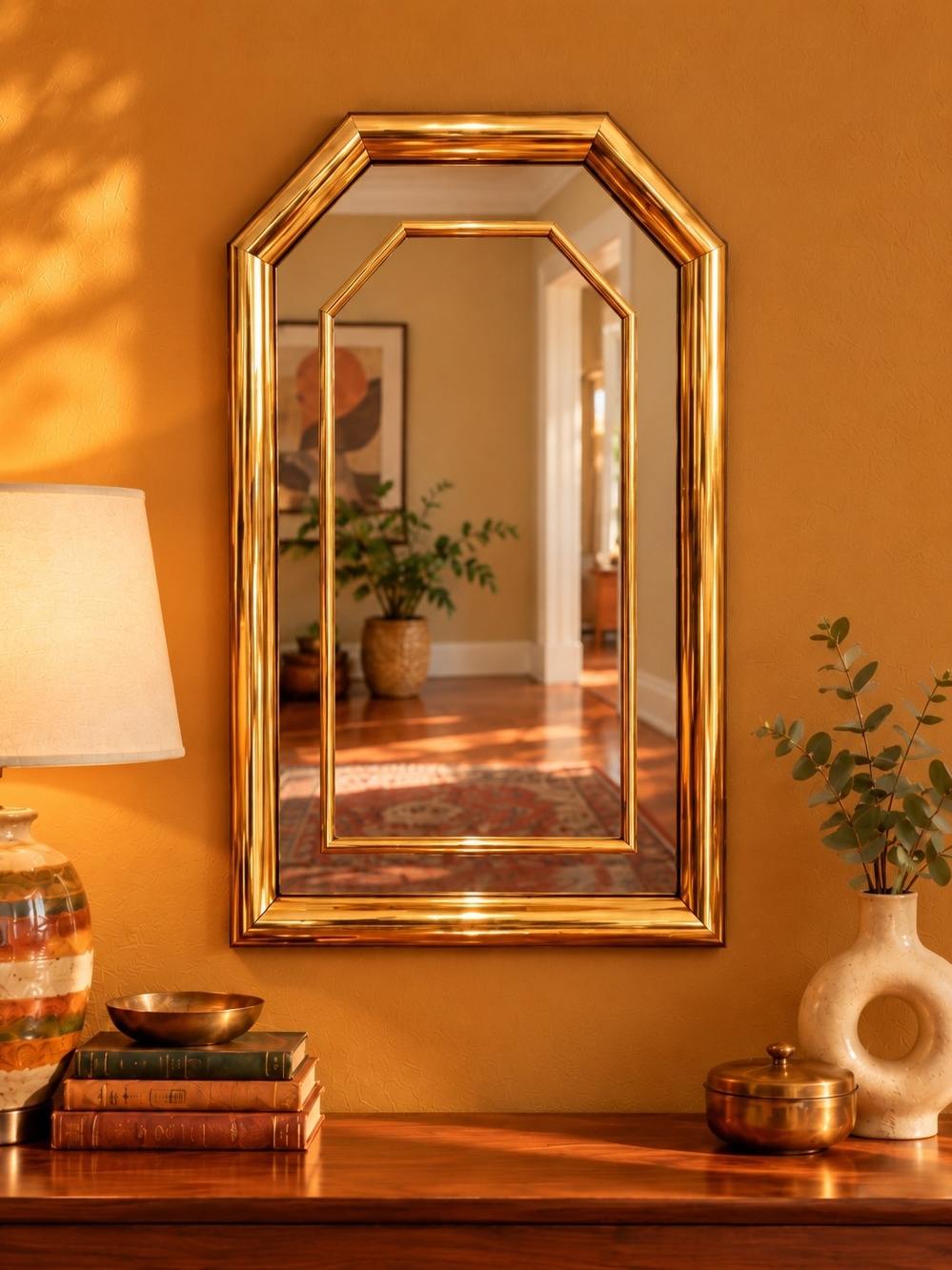 GOLDEN ENTRYWAY Vintage 70s Brass Geometric Mirror